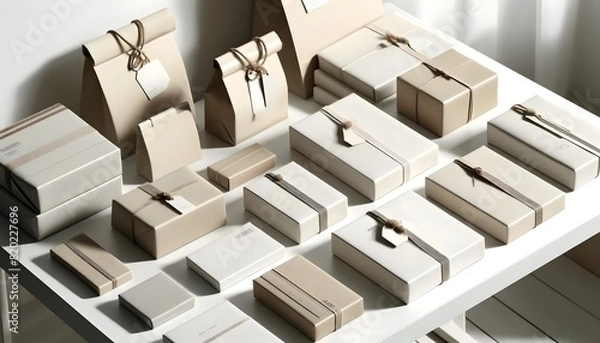 Fototapeta Neatly arranged minimalist e-commerce packages on a white table