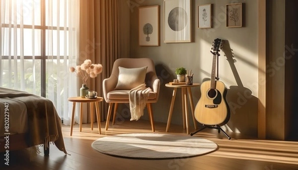 Fototapeta A cozy room with a guitar placed on a guitar stand in the corner. The room features a comfortable chair, a small table, and a soft rug. The walls