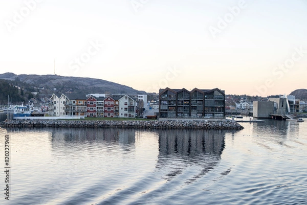 Fototapeta Modern buildings in Røvik harbour,Trøndelag