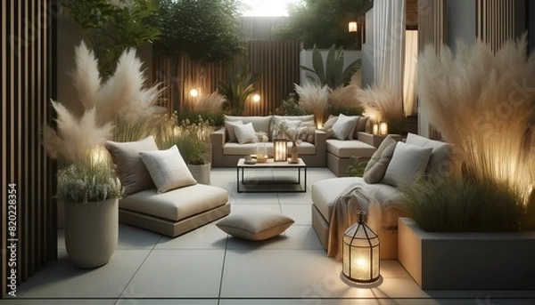 Fototapeta A modern garden with a neutral color palette, cozy textiles, and subtle decorative elements. The garden features comfortable seating with neutral-color