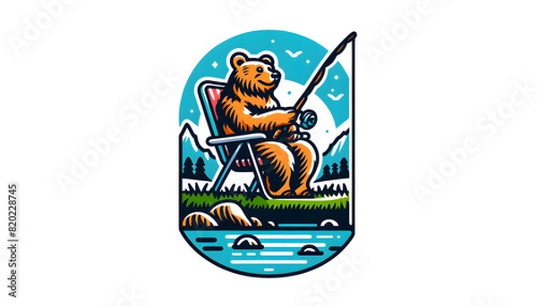 Fototapeta A bear sitting on a lawn chair by a river, fishing, in an illustrative style with bright, contrasting colors. The bear should be distinct with clear