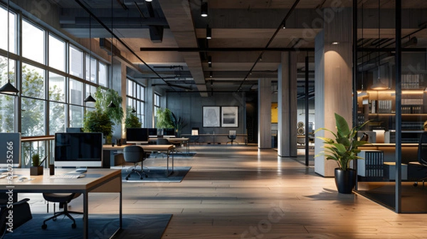 Fototapeta Open-plan office with dynamic lighting setups.