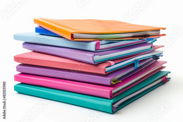 Obraz A stack of colorful notebooks isolated on a white background, extracted from the background, with no background. Concept of organization and productivity. Generative Ai.