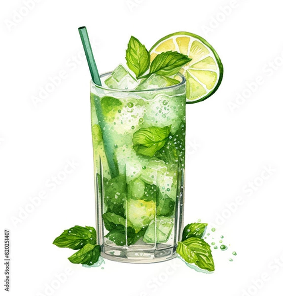 Obraz Watercolor artwork lemonade mojito drink with lemon lime and fresh mint leaves on white background