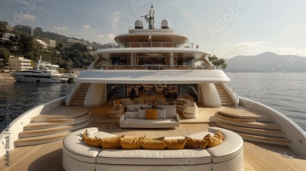 Fototapeta Opulent yachting  friends savoring champagne on luxurious deck with scenic views