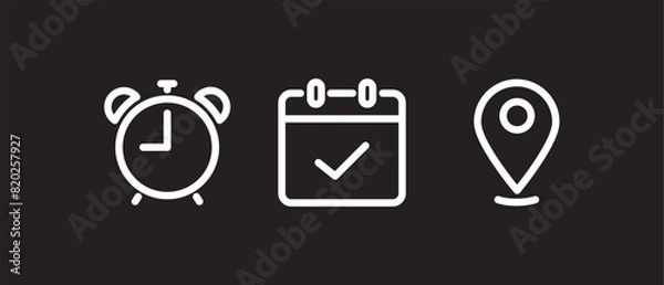 Fototapeta Simple Time, date, and address icon vector. Event elements, Time and date line icon in black background.