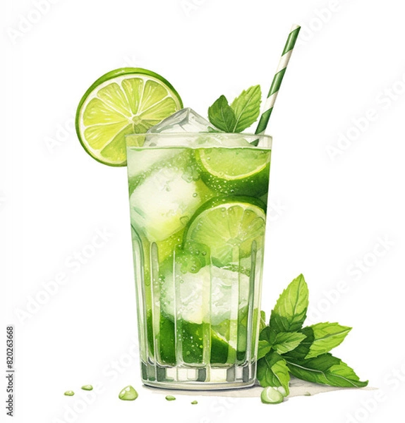Obraz Watercolor illustration of soju with lime juice and mint leaves, a beloved korean distilled beverage on white background