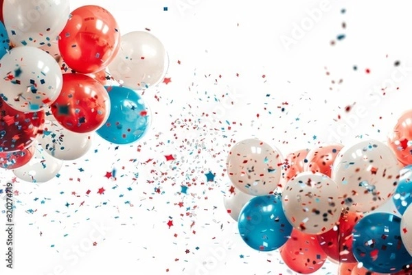 Fototapeta Festive card design with colorful balloons and confetti for celebrations on white background