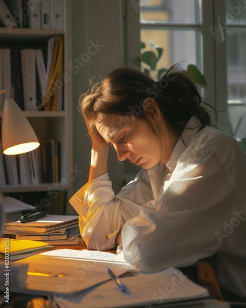 Fototapeta a 35 year old lady sitting at a desk with a laptop computer looking very frustrated and tired