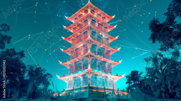 Fototapeta Futuristic Pagoda with Glowing Lights and Network Connections