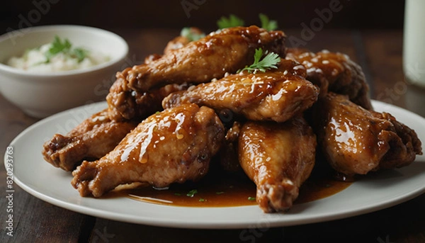 Fototapeta honey garlic chicken wings on a plate