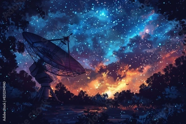Fototapeta Radio telescope at starry night. Antenna for of space signals research. Space observatory 