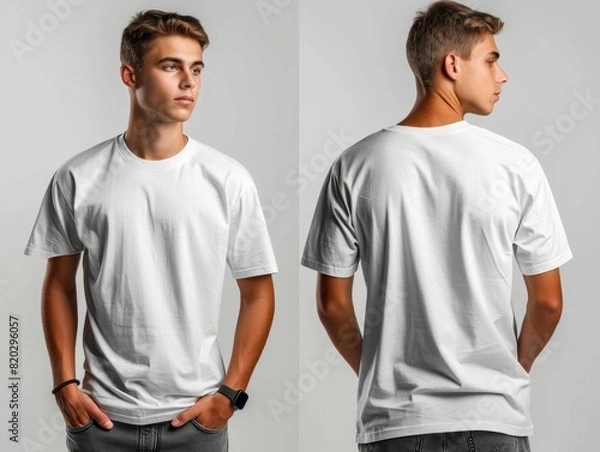 Fototapeta Men's white blank T-shirt template,from two sides, for your design mockup for print, isolated on white background 