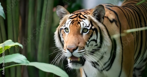 Fototapeta A close-up of a tiger prowling through the dense jungle, its eyes fixed on its prey