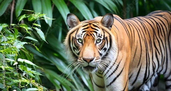 Fototapeta A close-up of a tiger prowling through the dense jungle, its eyes fixed on its prey