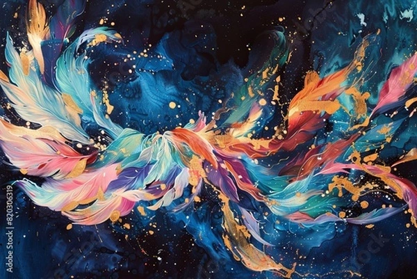 Fototapeta A vibrant abstract organic form that blends fluid, realistic, and fantastical elements. Painting on Dark Background with Gold Brush Strokes