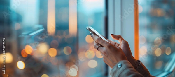Obraz Close up of hands holding a phone and searching on the screen, with a blurred office background and blurred window showing light from outside. In the distance is a blurred business center building