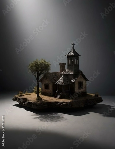 Fototapeta Decorative model of a church with a tree in its garden