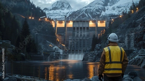 Fototapeta A Photo of an engineer standing in front of a large hydropower station, wearing a yellow vest and white helmet, with an epic scenery of a mountain river and glowing lights on the dam, trees around sno
