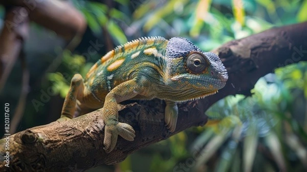 Fototapeta Close-up of a colorful chameleon perched on a branch surrounded by lush greenery in its natural habitat.