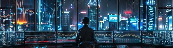 Fototapeta A young man is seen in the background of stock market charts and graphs, trading on a digital platform at night. The wide angle shot shows a panoramic view of a stock exchange office.