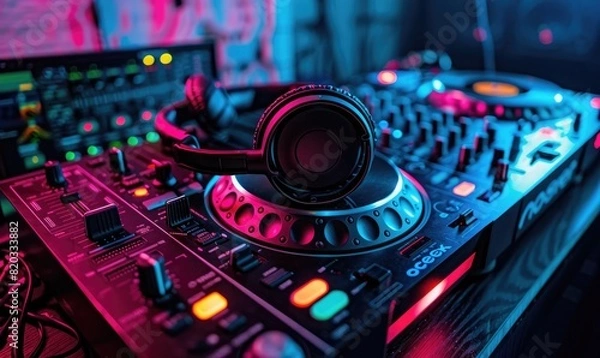 Fototapeta Vibrant colors on a DJ mixing console