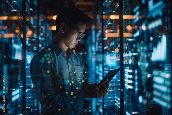 Fototapeta Data science and analysis. Software developer using digital tablet connecting with database and data center. Business process automation software and management software (SAP). data engineering