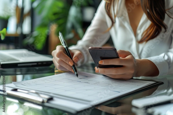 Fototapeta 2024 Event planner timetable agenda plan on schedule event. Business woman checking planner taking note on calendar desk on office table. Calendar event plan work planning
