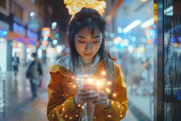 Fototapeta Internet of Things technology (IoT) E-commerce digital marketing concept. Woman using mobile smart phone with AR Augmented reality