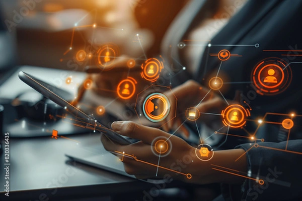 Fototapeta Marketing automation concept. Global business. Automation software technology process system for business development. Digital marketing online business CRM Customer relationship management