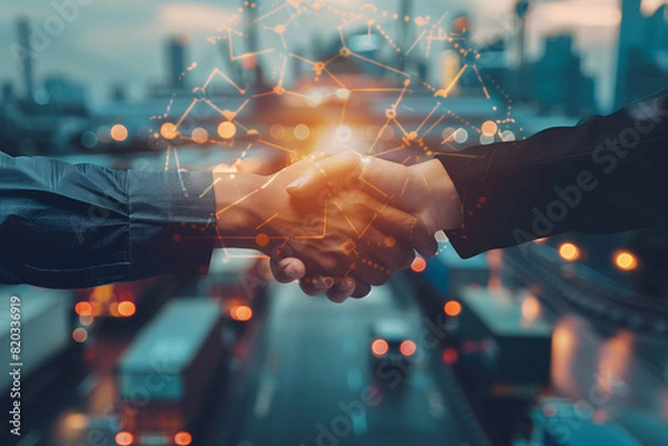 Fototapeta Smart logistics Global business concept. Businessman making handshake for successful business investment deal teamwork and partnership business partners on logistic global network and supply chain