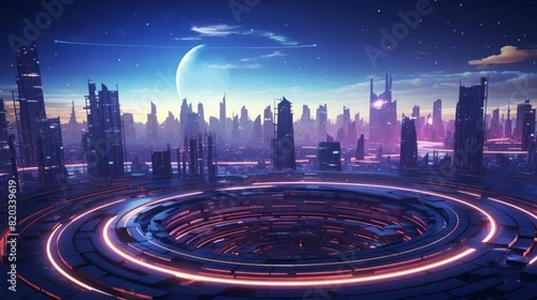 Fototapeta Futuristic digital landscape with neon pathways