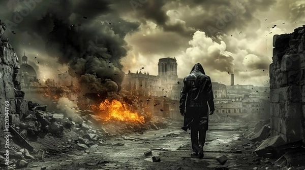 Fototapeta A lone figure walking through the ruins of a oncethriving city