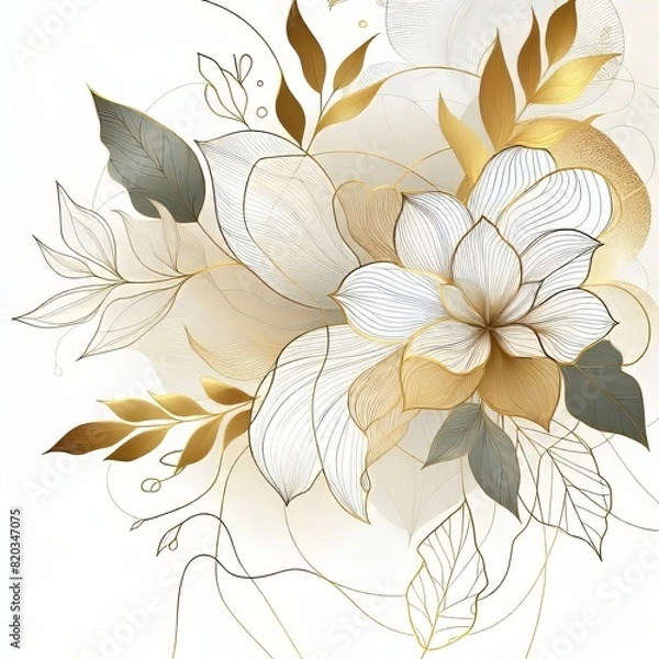 Fototapeta Abstract art background. Luxury minimal style wallpaper with golden line art flower