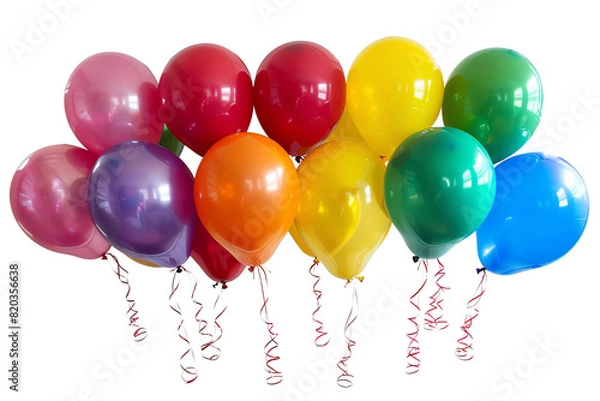 Fototapeta A bunch of colorful balloons with red ribbons.