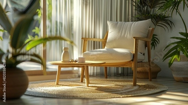 Fototapeta Panoramic 3D rendering of an interior featuring an armchair and coffee table.