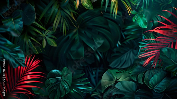 Fototapeta A dark green background with several different kinds of leaves and plants