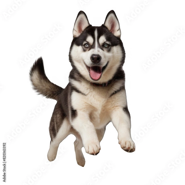 Obraz A funny and playful husky or pet dog is playing and jumping and looks happy isolated on transparent background. Little husky dog pretending. Cute and happy crazy dog head smiling on transparent png
