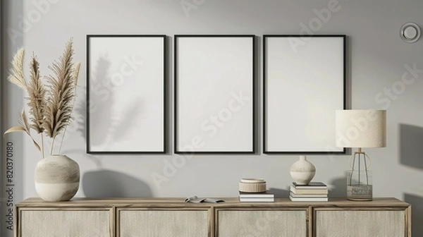 Fototapeta Three mock up poster frames on the wall in a modern living room interior. Books, a vase, and a lamp sit on a cabinet. Scandinavian style. 3D rendering.
