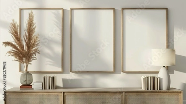 Fototapeta Three mock up poster frames on the wall in a modern living room interior. Books, a vase, and a lamp sit on a cabinet. Scandinavian style. 3D rendering.