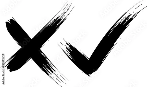 Obraz cross brush stroke, question mark, Yes, No simbols. Hand drawn vectorized brush texture icons, True or faulse, right or wrong, agree or disagree Vector objects