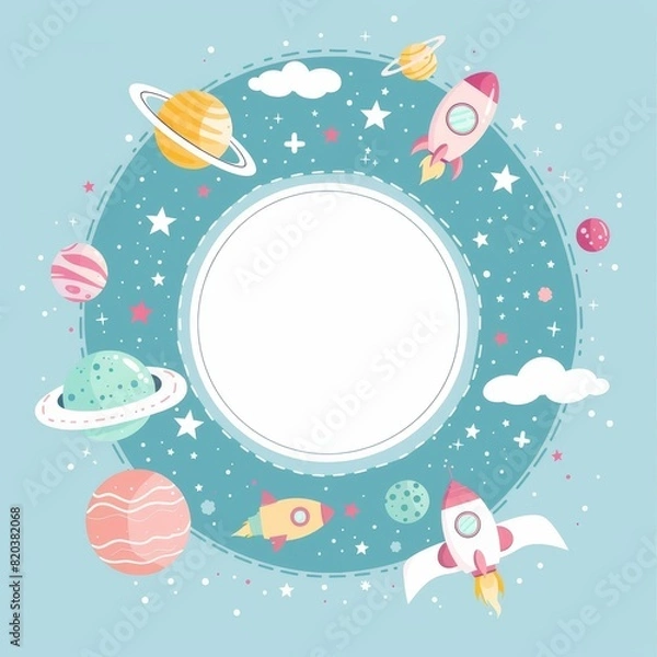 Fototapeta A colorful space scene with planets, stars, and rockets