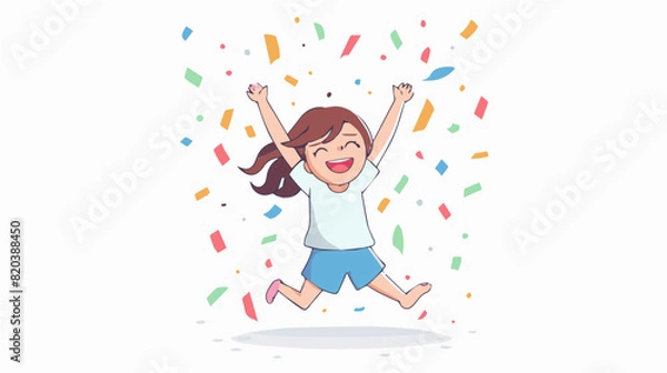 Fototapeta extremely happy surprised girl winner of lottery raffle contest full of joy jumping in air smiling accepting triumph wearing white shirt long brown hair shorts blue pink shoes 2.5d