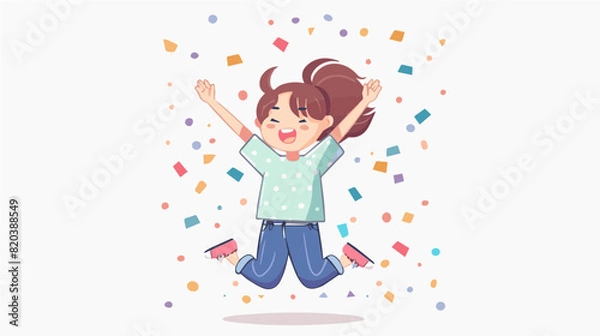 Fototapeta extremely happy surprised girl winner of lottery raffle contest full of joy jumping in air smiling accepting triumph wearing green white spots shirt blue pants 2.5d
