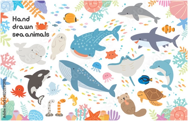 Obraz 水族館　海の生き物　手描きイラスト素材セット