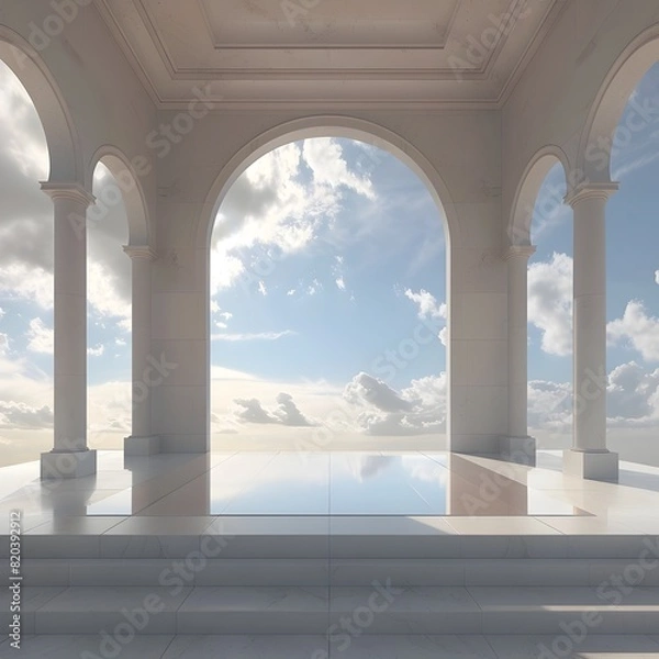 Obraz Minimalist Neoclassical Palace: A Vast, Majestic Sky Overlooks a Symmetrical Architectural in 3D Rendering