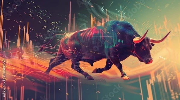 Fototapeta Stock Market Surge, Abstract bull charging through stock graphs