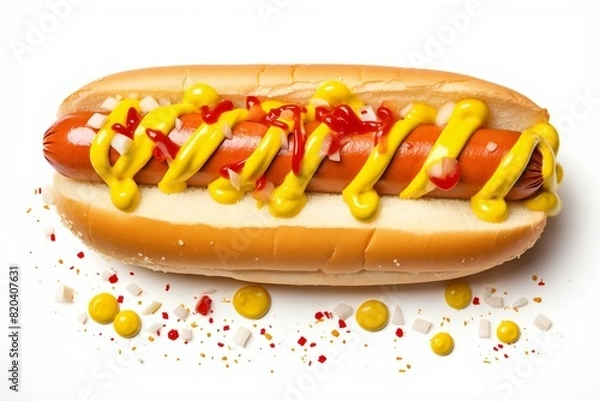 Fototapeta delicious fresh hot dog with mustard, ketchup and mayonnaise and jalapeno on a white background,   generated by ai