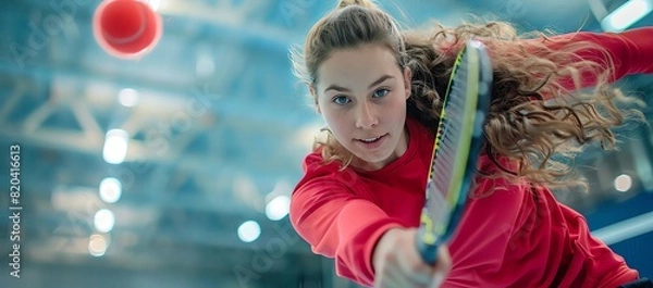 Fototapeta Female Pickleball player in a red sweatshirt playing at the indoor court, closeup of her face and arm holding a racket hitting a ball, blurred background, with a high-speed shutter