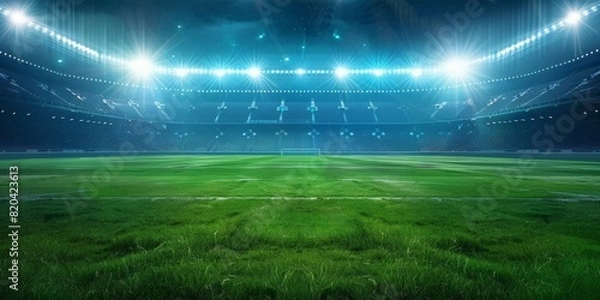 Fototapeta  Spectacular sport stadium with glowing floodlights and empty green grass field. Professional sports background for advertisement.